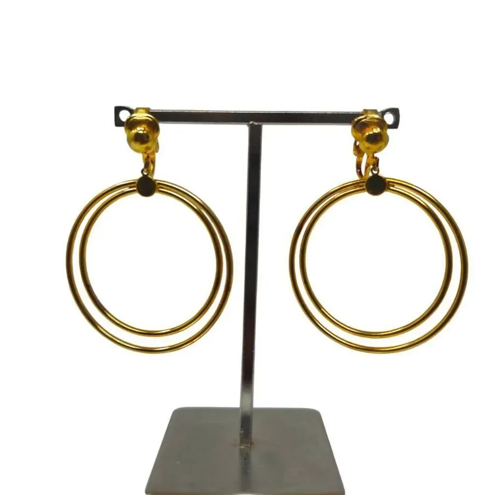Vintage Minimalist Double Hoop Clip-On Earrings | Gold-Tone Modernist Statement